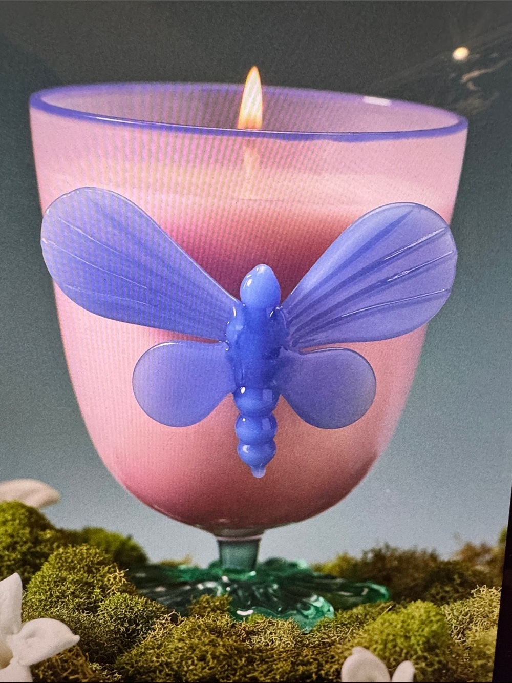 Anthropologie Lavender Glass Candle Holder with Blue Butterfly Accent